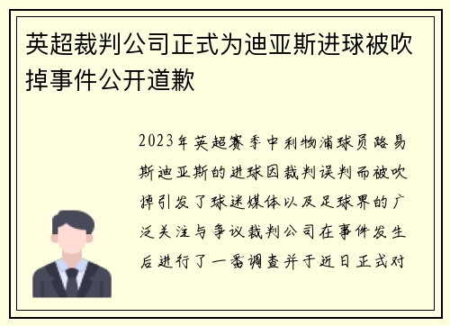 英超裁判公司正式为迪亚斯进球被吹掉事件公开道歉 英超裁判公司正式为迪亚斯进球被吹掉事件公开道歉