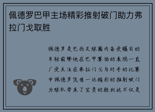 佩德罗巴甲主场精彩推射破门助力弗拉门戈取胜