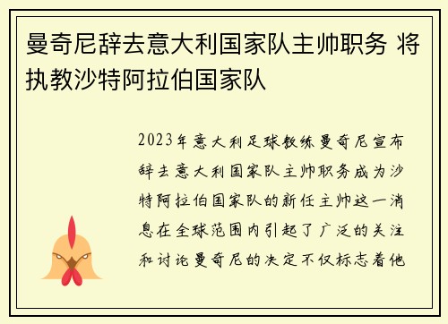 曼奇尼辞去意大利国家队主帅职务 将执教沙特阿拉伯国家队